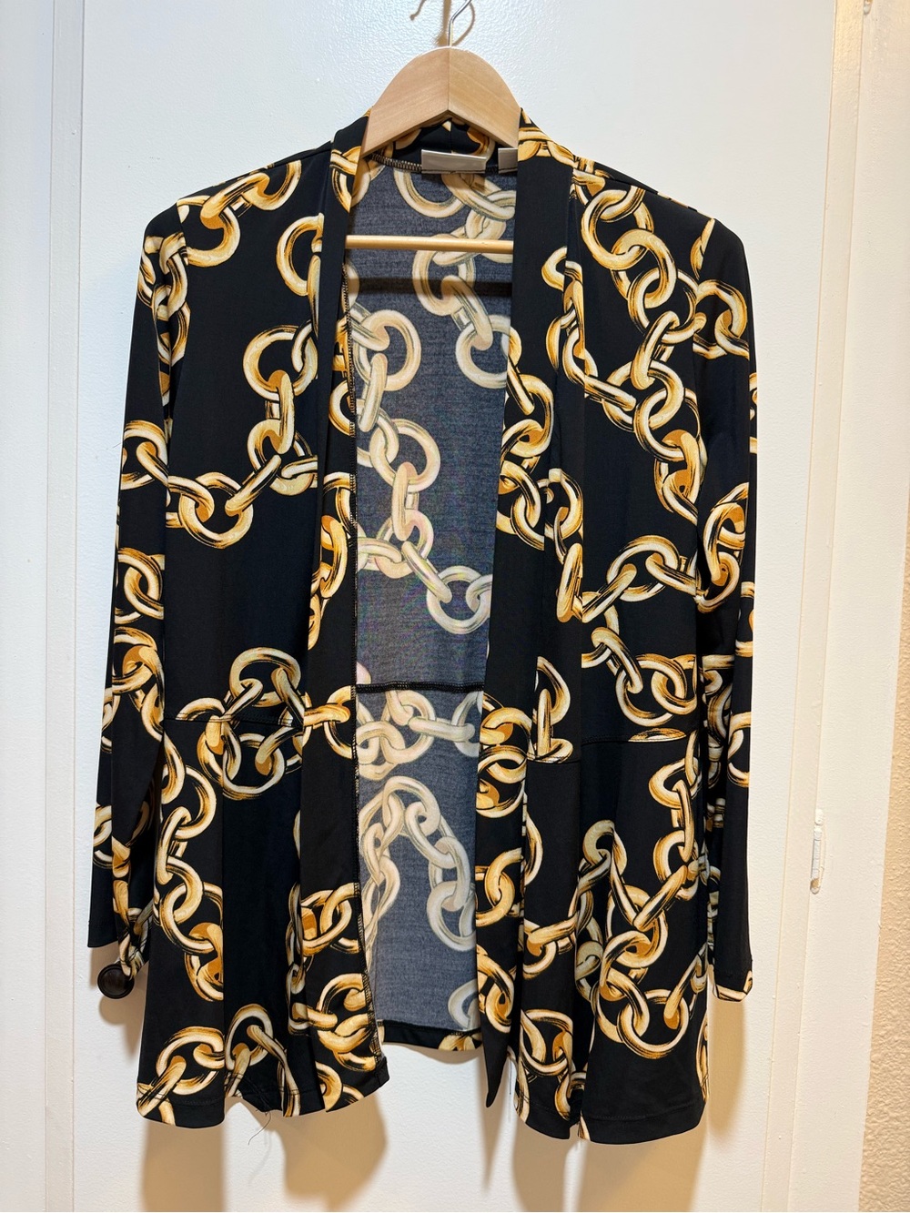 Susan Graver Black Open-Front Cardigan with Gold Chain Print